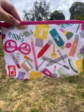 Pink Trim Cosmetic Pouch with Colorful Print